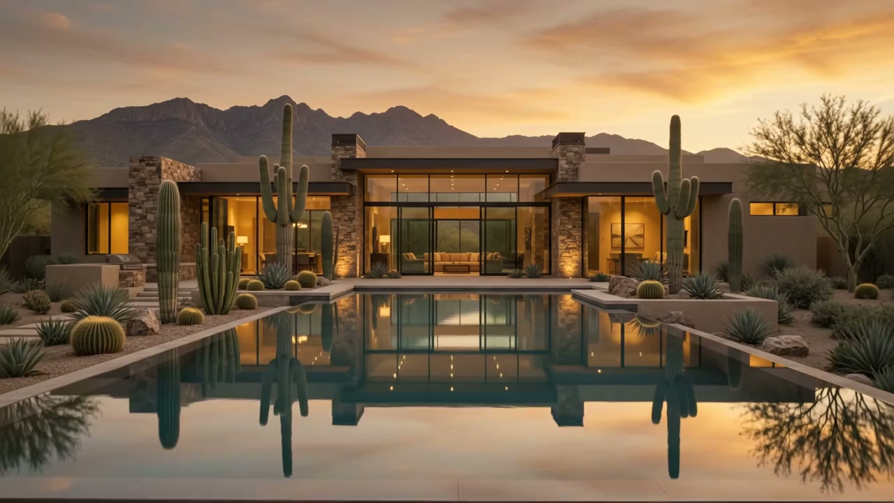 Modern luxury desert home in Arizona at golden hour